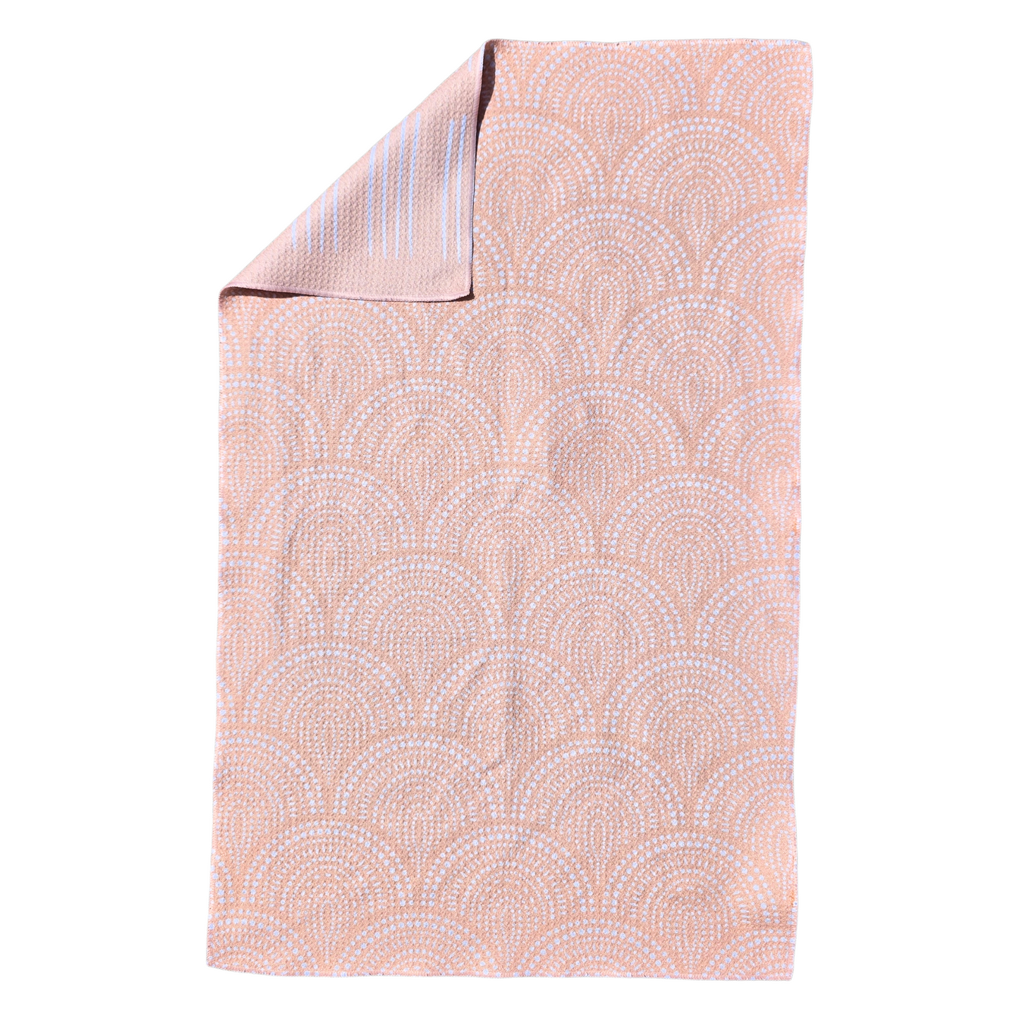 Soft yellow waffle weave microfiber hand towel laid flat with a folded corner, displaying the front side with white scalloped geometric patterns and a partial view of the reverse side showing the white linear design.